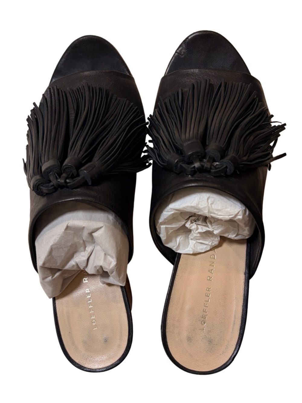 LOEFFLER RANDALL Cleo Black Tassel Leather Block Heel Sandal Mules + Box - Picture 5 of 16
